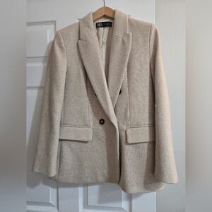 ZARA Wool Blend Oversized Double Breasted Blazer in Oatmeal Beige - Size S